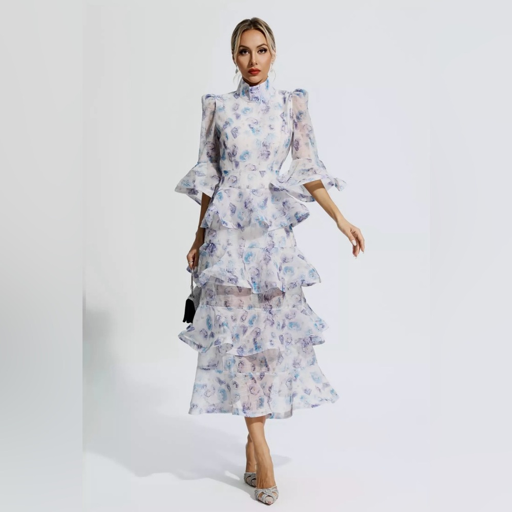 (Carolina) Blue Purple Floral Ruched Maxi Dress